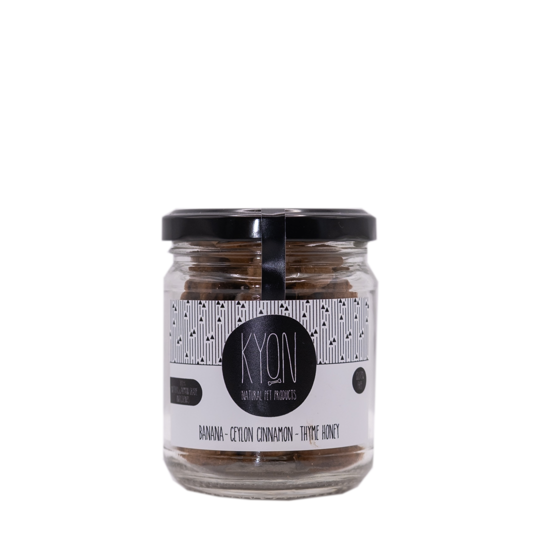 Kyon Pet Products - Μπανάνα, Θυμαρίσιο μέλι, Κανέλα Κεϋλάνης μπισκότα για σκύλους 75gr