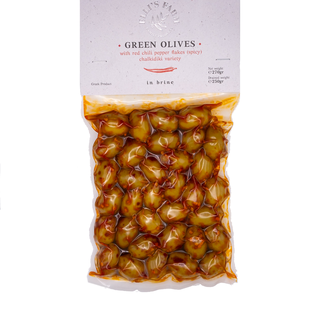 Elli's Farm - Green Olives Chalkidiki Variety with Red Chili Pepper Flakes (Spicy) 270gr