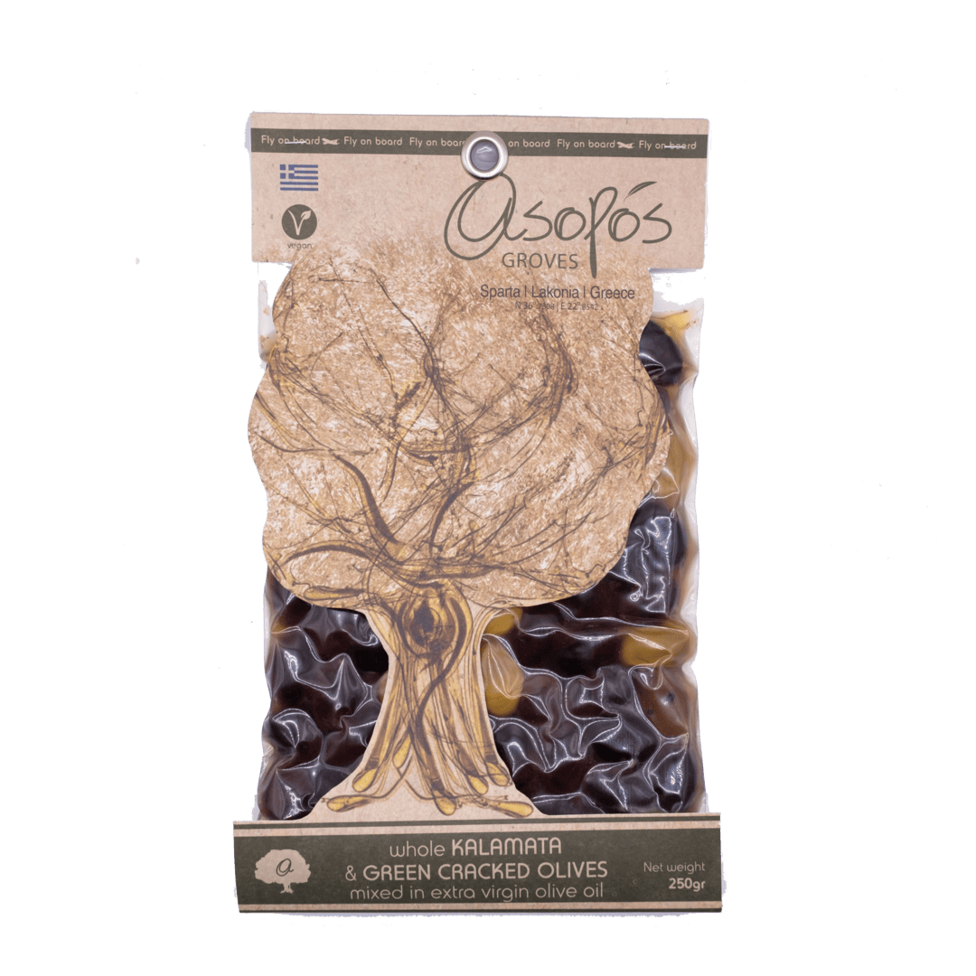 Asopos - Ελιές Καλαμών και Πράσινες Τσακιστές σε Εξαιρετικά Παρθένο Ελαιόλαδο 250gr