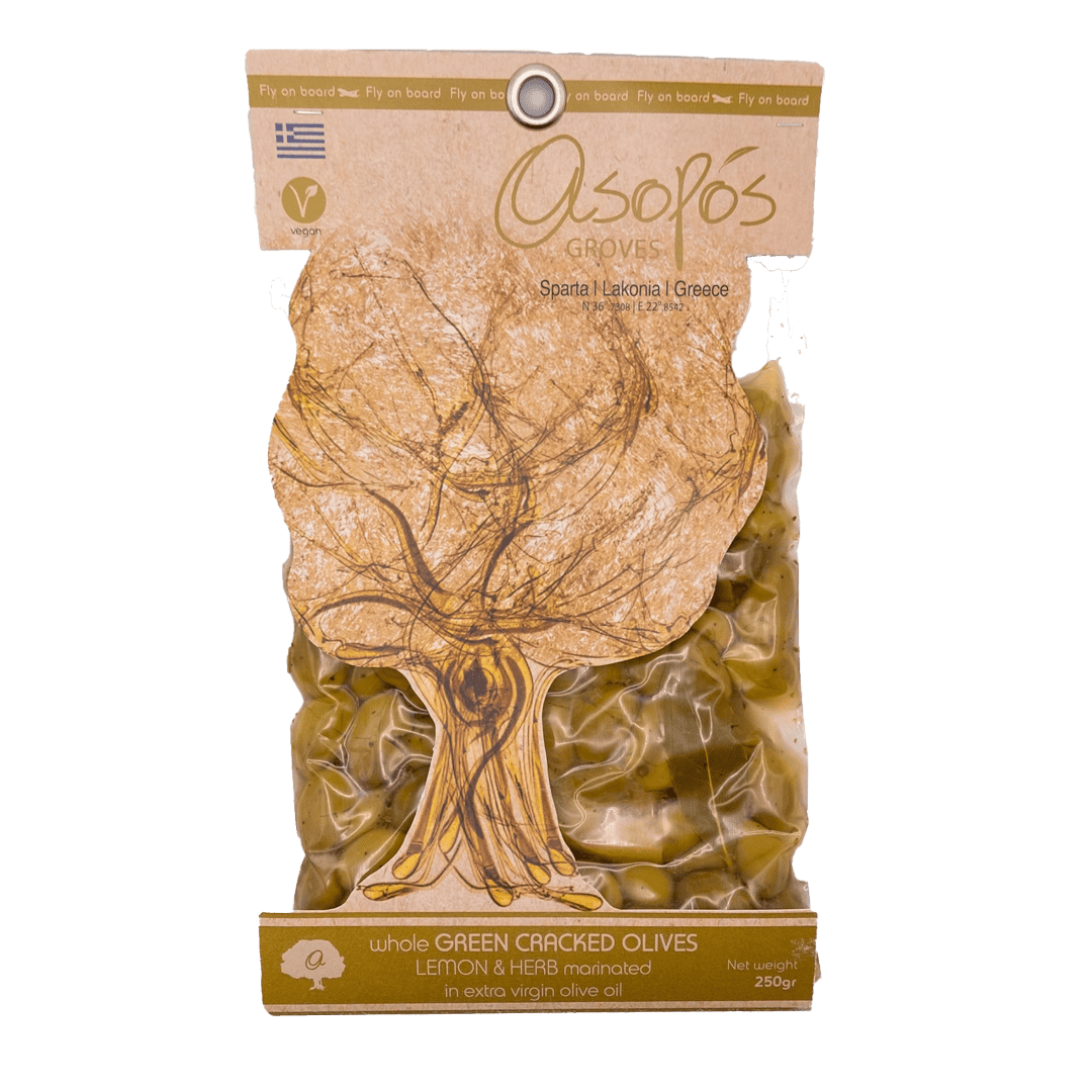 Asopos - Ελιές Πράσινες Τσακιστές με Λεμόνι και Βότανα σε Έξτρα Παρθένο Ελαιόλαδο 250gr